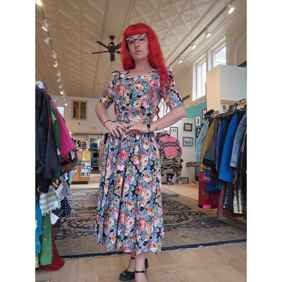 VTG 1980s RGY Black Colorful Cabbage Rose Basque Waist Princess Cotton Sundress - Picture 4 of 11